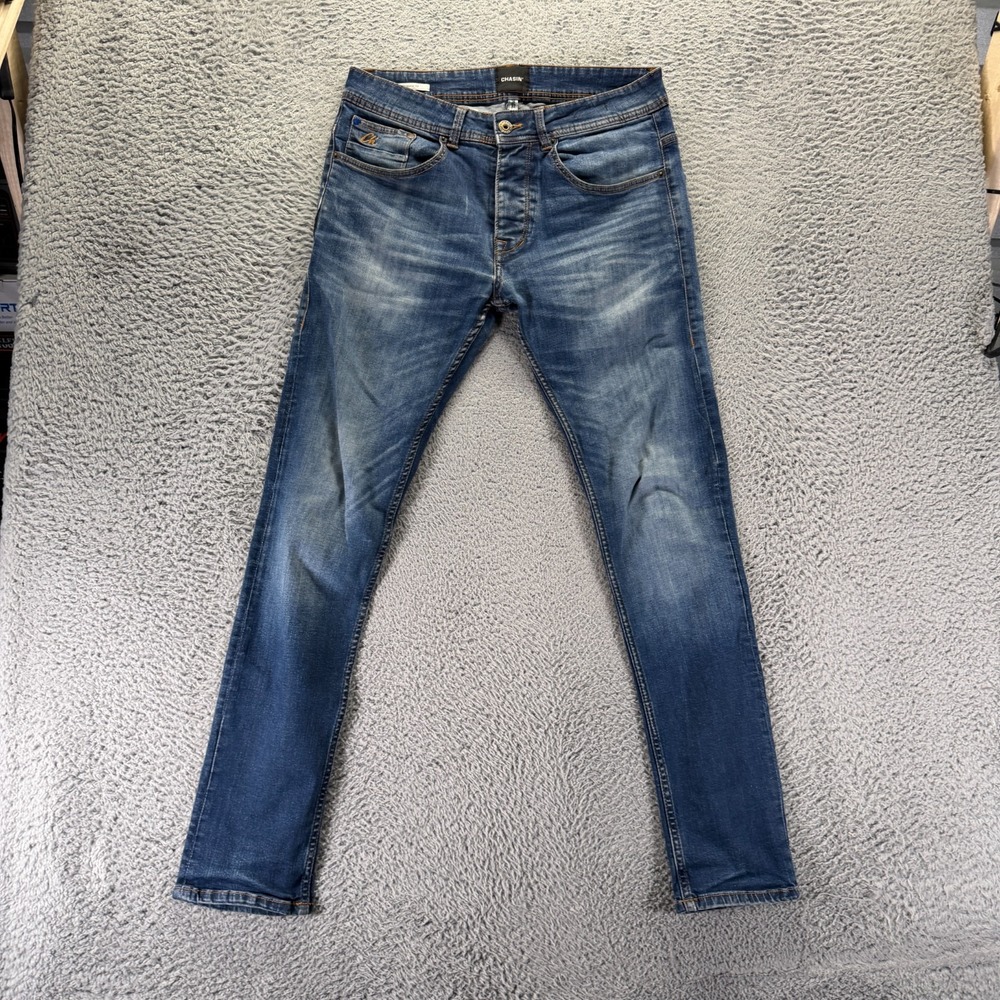 Chasin Crown Jeans Men 31x32 Blue Cotton Denim Straight Faded Stretch Button-Fly